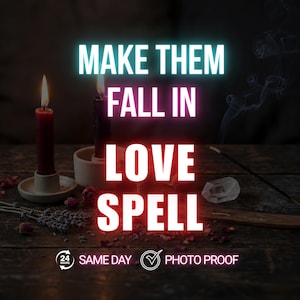 May include: Image features a lit red candle and a black candle, with the text "MAKE THEM FALL IN LOVE SPELL." Incense, rose petals, and a crystal are also present. The image has a mystical theme.