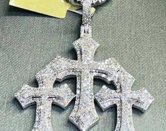 Round Cut 3.00Ct Real Moissanite Triple Cross Men&#39;s Charm Pendant 14K White Gold Plated Over 925 Silver Prong Set Custom Men&#39;s Pendant
