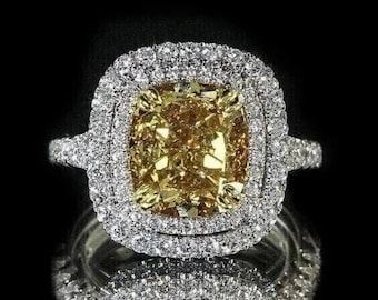 Cushion Cut 4.00CT Lab Created Citrine Yellow Canary Double Halo Wedding Ring With 14k 2 Tone Gold Plated Women&#39;s Anniversary Statement Ring