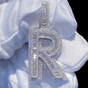 R Initial Pendant 3.00Ct Round & Baguette Cut Real Moissanite 14k White Gold Plated Men&#39;s Letter Pendant Custom Pendant, 925 Silver Pendant