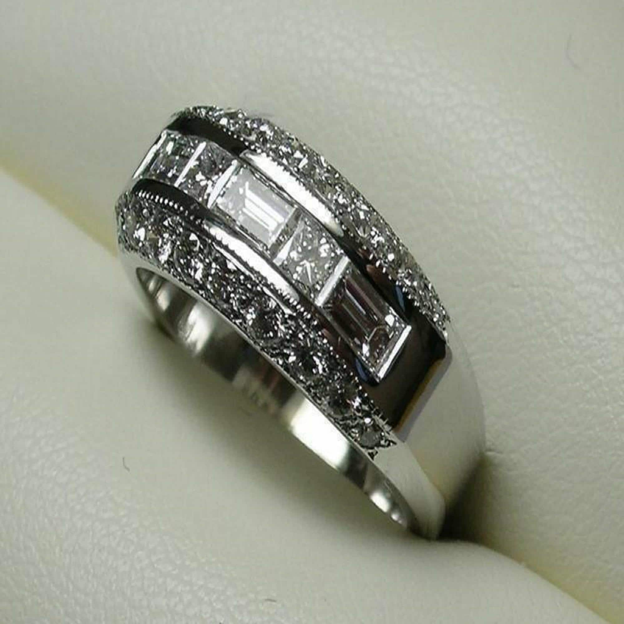 3Ct Round Cut Lab Created Diamond Men's Engagement Eternity Band Ring 14K White Gold Plated 925 Silver Anniversary Ring, Wedding Pinky Ring