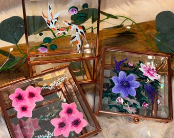 Hand Painted Glass Trinket boxes Floral, Koi fish Designs Variation