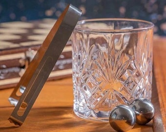 Whiskey Lover’s Gift Set – Tumbler Glass, Metal Ice Balls & Tongs