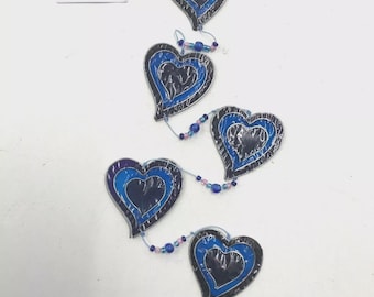 5 pretty stained glass blue heart chime with beads