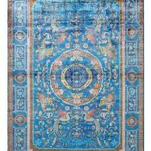 8 x 10フィートのハンドノットウールラグ、ホットブルーラグ、ペルシャ花柄ラグ、リビングルームフロアラグ、伝統的なスタイルの手作りラグ