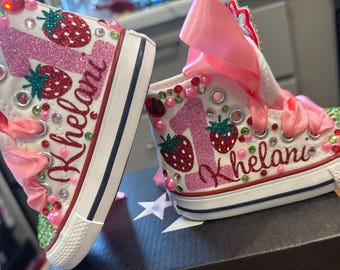 Strawberry Bling Theme Sneakers, Strawberry Bling Baby Shoes, Custom Chucks