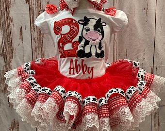 Cow theme Birthday Tutu Outfit, Farm Tutu Set, Cow Farm Birthday Dress