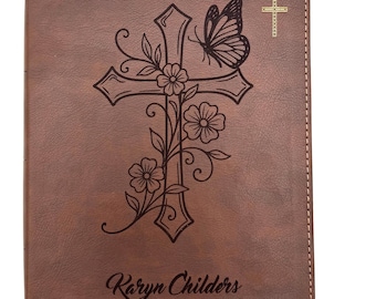 Personalized Floral Cross Butterfly NIV Bible, Engraved Brown Faux Leather, Christian Gift for Women