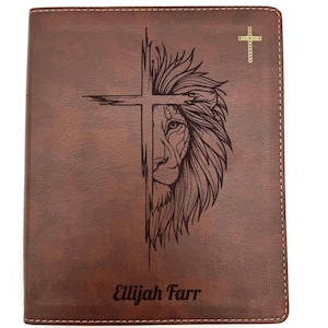 Cross in Half Faced Lion Full Cover Design Personalized Laser Engraved Name Brown Faux Leather NIV Notetaking Holy Bibles Keepsake for Men
