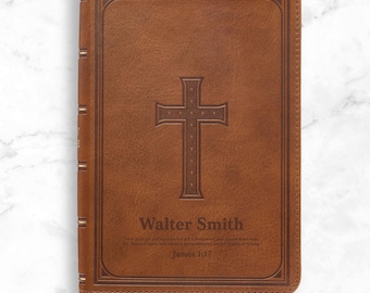 Personalized Deluxe KJV Bible, Honey Brown Faux Leather, Heat-debossed Framed Celtic Cross Design