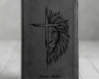 Half Faced Lion and Cross Full Cover Design Personalized Laser Engraved Black Faux Leather ESV Large Print Thinline Standard Bible