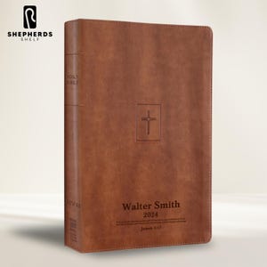 Personalized Brown Faux Leather NIV Bible, New International Version Large Print Thinline Bible with Custom Engraved Bible Cover Deluxe Gift