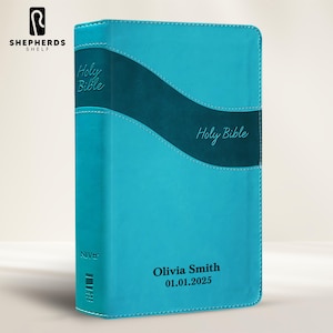 Custom NIV Teal Faux Leather Standard Premium Holy Bible, Small Print Custom Engraved Thumb Indexed Tabs New International Version Bibles