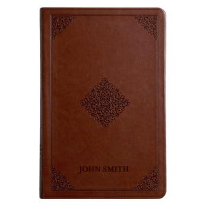Personalized Tan Brown Faux Leather Thin ESV Holy Bible, Large Print Custom Laser Engraved Cover English Standard Version Thin Bibles Gift