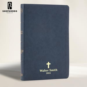 Personalized Navy Blue Faux Leather CSB, Custom Name Texts Gold Foil Imprint Large Print Standard Size Thinline Christian Study Bibles