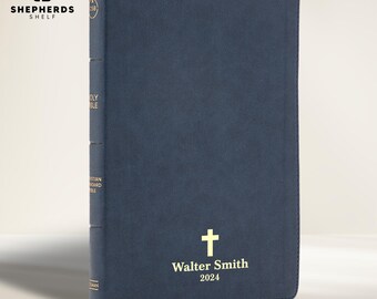 Personalized Navy Blue Faux Leather CSB, Custom Name Texts Gold Foil Imprint Large Print Standard Size Thinline Christian Study Bibles