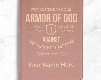 Personalized Rose Gold Faux Leather CSB for Women with Bible Verses Full Cover Design, Custom White Engraved Medium Print Study Bibles