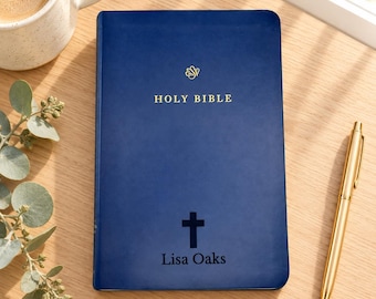 Personalized Blue Standard Size ESV Holy Bible, Custom Engraved Trutone Faux Leather Cover English Standard Version Gift and Award Bibles