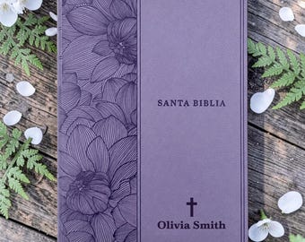 Personalized NTV Spanish Bible, Nueva Traducción Viviente, Custom Engraved Purple Faux Leather Keepsake, Biblia en Español, Christian Gift