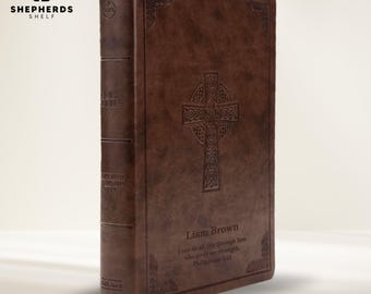 Cross Celtic Design Cover in Brown Faux Leather CSB Personal Bible, Large Print Size Personalized Texts Engraved Christian Standard Bibles