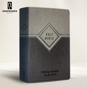 Personalized Black Gray Faux Leather NIV Premium Indexed Holy Bible, Small Print New International Bible Custom Engraved Cover Thin Bible