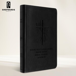 Floral and Cross Full Cover Design with Name Texts, Personalized Laser Engraved Black Leather Large Print Thin Standard ESV Premium Bible