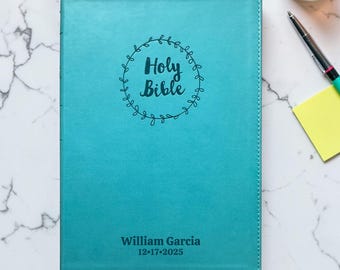 Personalized NIV Thinline Bible | Custom Engraved Teal Faux Leather | Large Print | Red Letter | Christian Gift