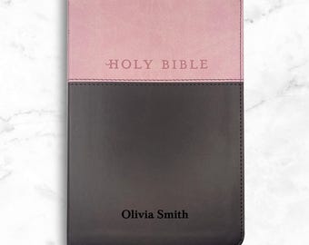 Personalized NLT Pink & Brown Faux Leather Holy Bible, Custom Engraved Small Print with Red-Highlighted Verses New Living Translation Bibles