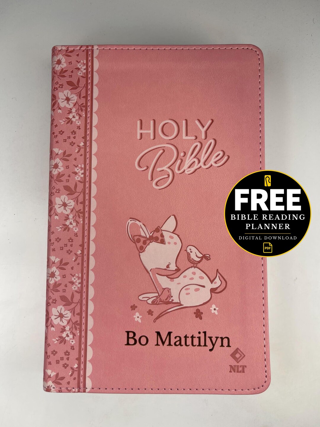 Personalized Baby Girl NLT Bible, Pink Floral Forest Animal Design