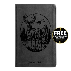Buck Design in Round Nature Frame Full Cover Design Personalized Laser Engraved Black Faux Leather ESV Thinline Large Print Standard Bible