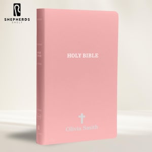 Red-Highlighted Verses Pink Faux Leather KJV Bible, Small Print Custom Silver Foil Imprint Personalized King James Version Thin Holy Bibles