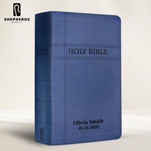Custom NIV Bible Name, Blue Faux Leather Standard Size Premium Thin New International Bibles, Small Print Personalized Laser Engraved Cover