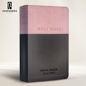 Personalized NLT Pink & Brown Faux Leather Holy Bible, Custom Engraved Small Print with Red-Highlighted Verses New Living Translation Bibles