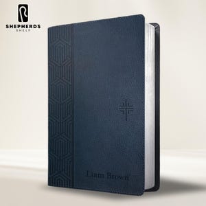 Personalized Geometric Design Blue NLT Holy Bible, Small Print Custom Name Engraved New Living Translation Bible Religious Celebrations Gift