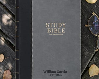 Personalized KJV Study Bible | Custom Engraved Black and Gray Faux Leather | Thumb Index | Christian Gift