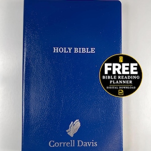 Custom Name and Icon Silver Foil Personalization Blue Leatherflex KJV Holy Bible, Small Comfort Print Standard Size Bible Keepsake