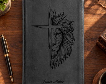 Half Faced Lion and Cross Full Cover Design Personalized Laser Engraved Black Faux Leather ESV Large Print Thinline Standard Bible Gift