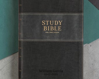 Personalized KJV Study Bible | Custom Engraved Black Two-Tone Faux Leather | Large Print | Thumb Index