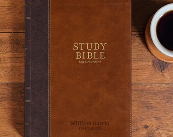 Personalized KJV Study Bible | Custom Engraved Brown Two-Tone Faux Leather | Large Print | Thumb Index