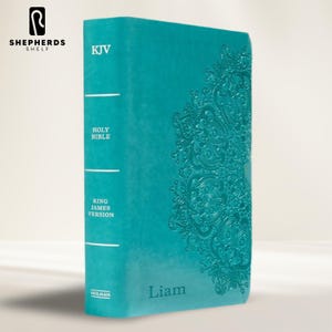Elegant Swirl Design Cover Personalized Teal Faux Leather KJV Bible, Large Print Custom Engraved King James Version Standard Personal Bibles