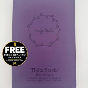 Floral Circle Design Personalized Purple Leather Large Comfort Print NKJV Holy Bible Christian Gift