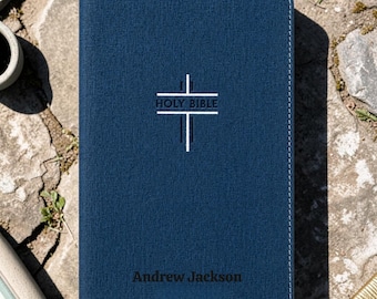 Personalized NIV Thinline Bible for Teens | Custom Name Engraved Blue Faux Leather | Medium Print | Red Letter | Christian Gift