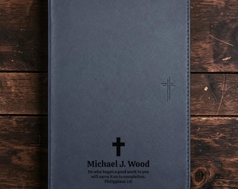 Personalized NLT Compact Giant Print Bible | Custom Engraved Blue Faux Leather | Red Letter | Christian Gift, Bible Study App