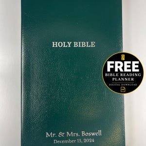 Personalized Holy Bible, Green Leatherette, Custom Name & Date, Christian Gift, FREE Planner