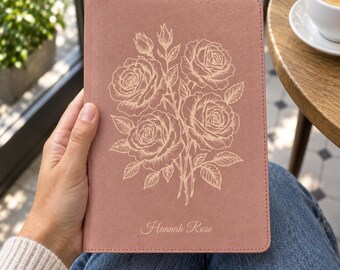 Personalized Rose Gold Faux Leather CSB for Women with Floral Full Cover Design, Custom White Engraved Medium Print Study Bibles
