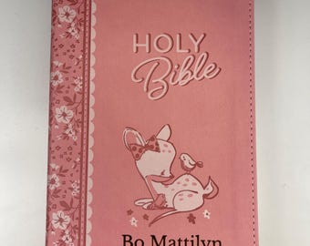 Personalized Baby Girl NLT Bible, New Living Translation, Pink Floral Forest Animal Design, Custom Engraved Name Keepsake Baptism Gift