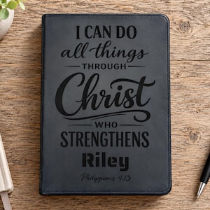 Personalized ESV Bible | Script Design | Philippians 4:13 Engraved Black Faux Leather Thinline Bible | Large Print