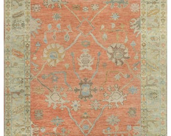 Tapis Oushak fait main - Corail et vert sauge, design turc vintage