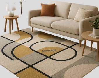 décoratif géométrique tufté à la main | Beige, vert et jaune