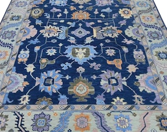 Tapis Oushak fait main bleu marine - Tapis floral oriental turc